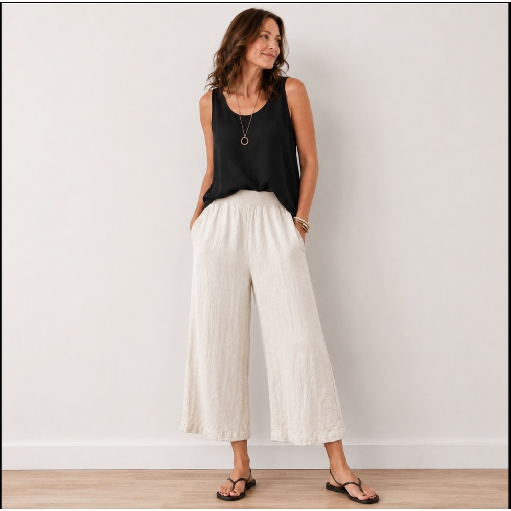 J.Jill Love‎ Linen Wide Leg Pull On Pants Women's L Off White Coastal Lagenlook